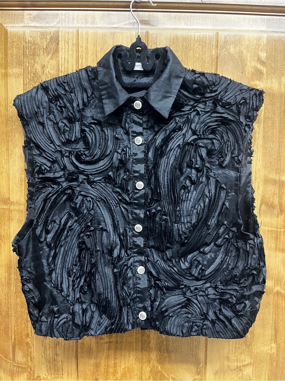 Women’s Black Sheer Textured Button-Up Top Free Size Boutique Made